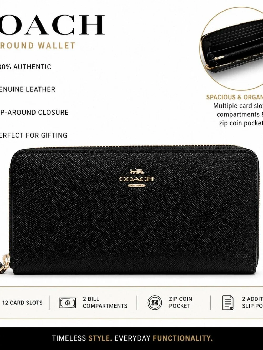 Coach Black Leather Zip Around Wallet Gold Tone